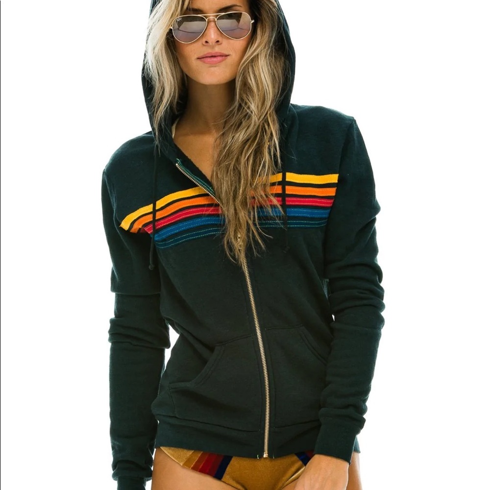 Aviator Nation 5 Stripe Zip Hoodie - Charcoal